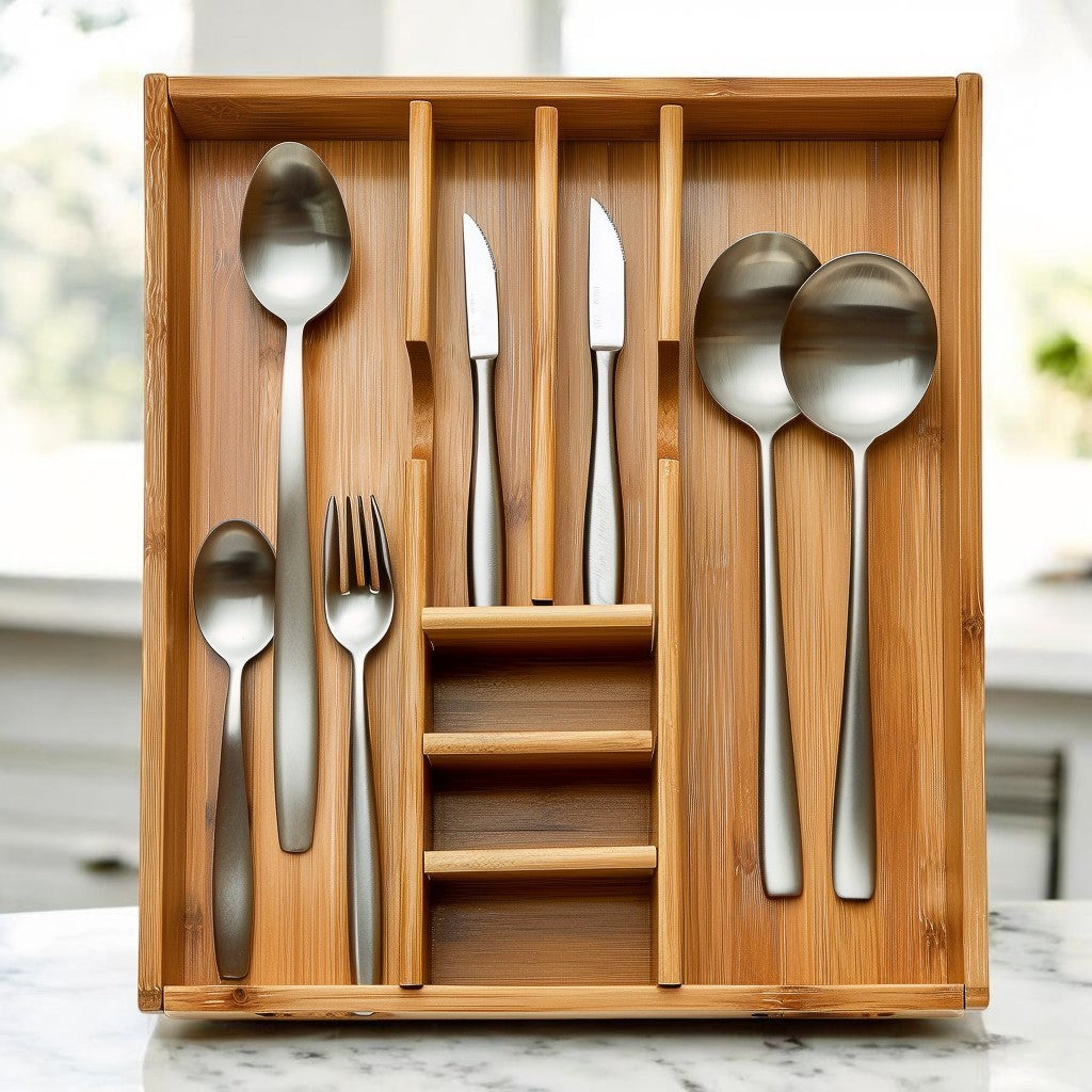 Neatd Expandable Bamboo Cutlery Tray and Utensil Drawer Organizer